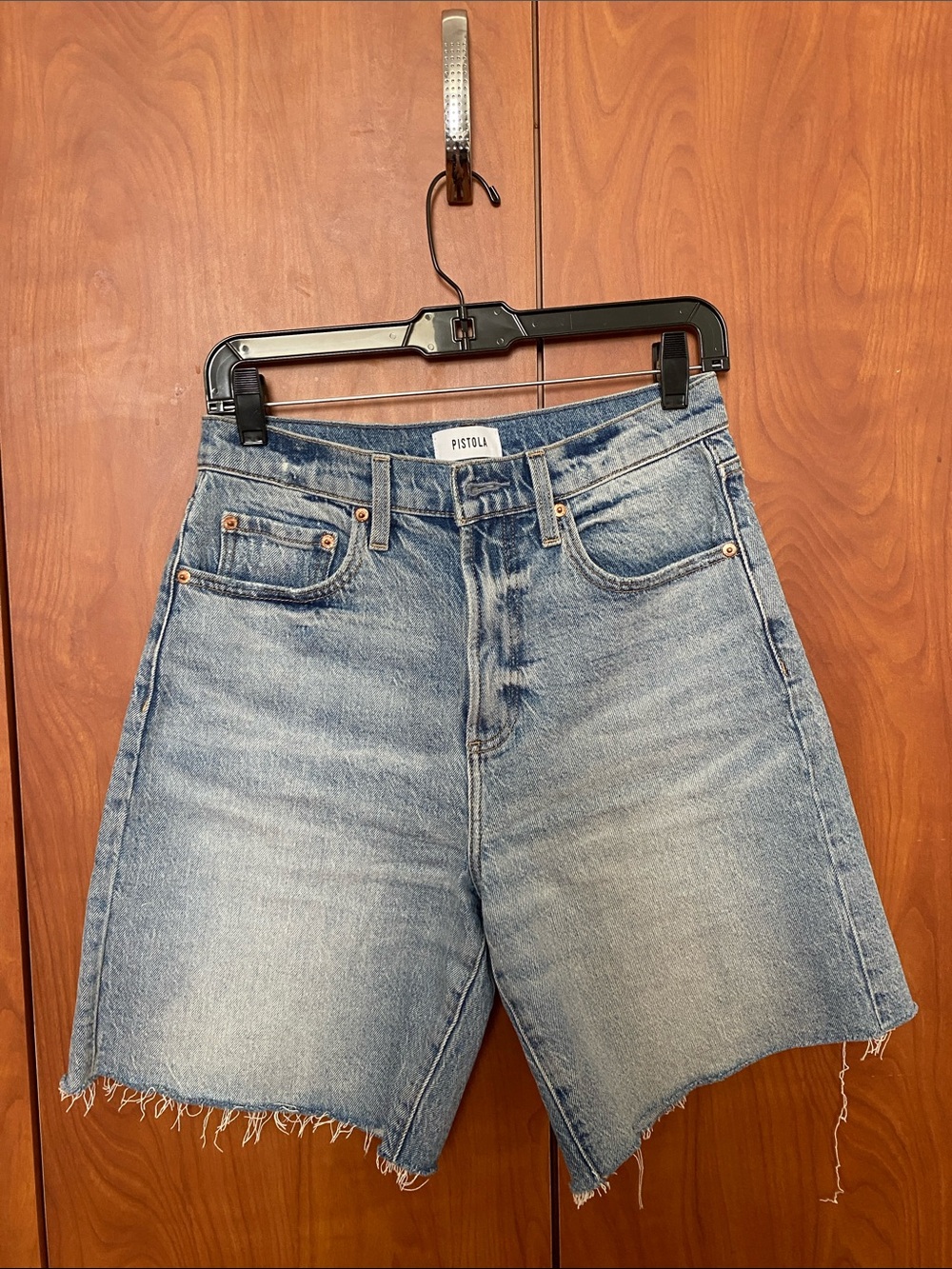 pistola Light Blue High-Rise Frayed Hem Denim Shorts
